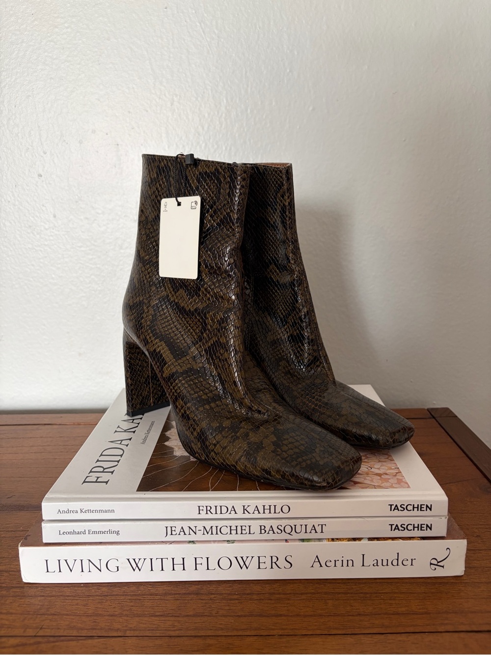 Zara Olive Green Snakeskin-Pattern Block Heel Ankle Boots